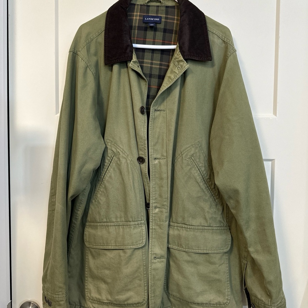 Lands' End Olive Field Jacket with Dark Brown Collar
